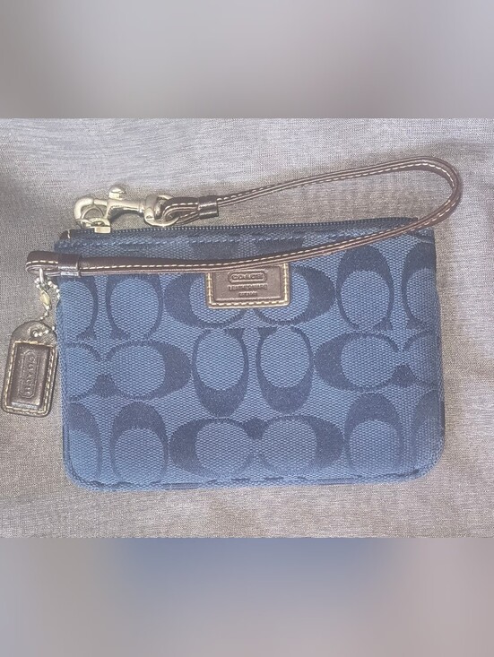 Coach Handbags - Coach Navy Blue Signature Canvas Wristlet with Brown Leather Strap